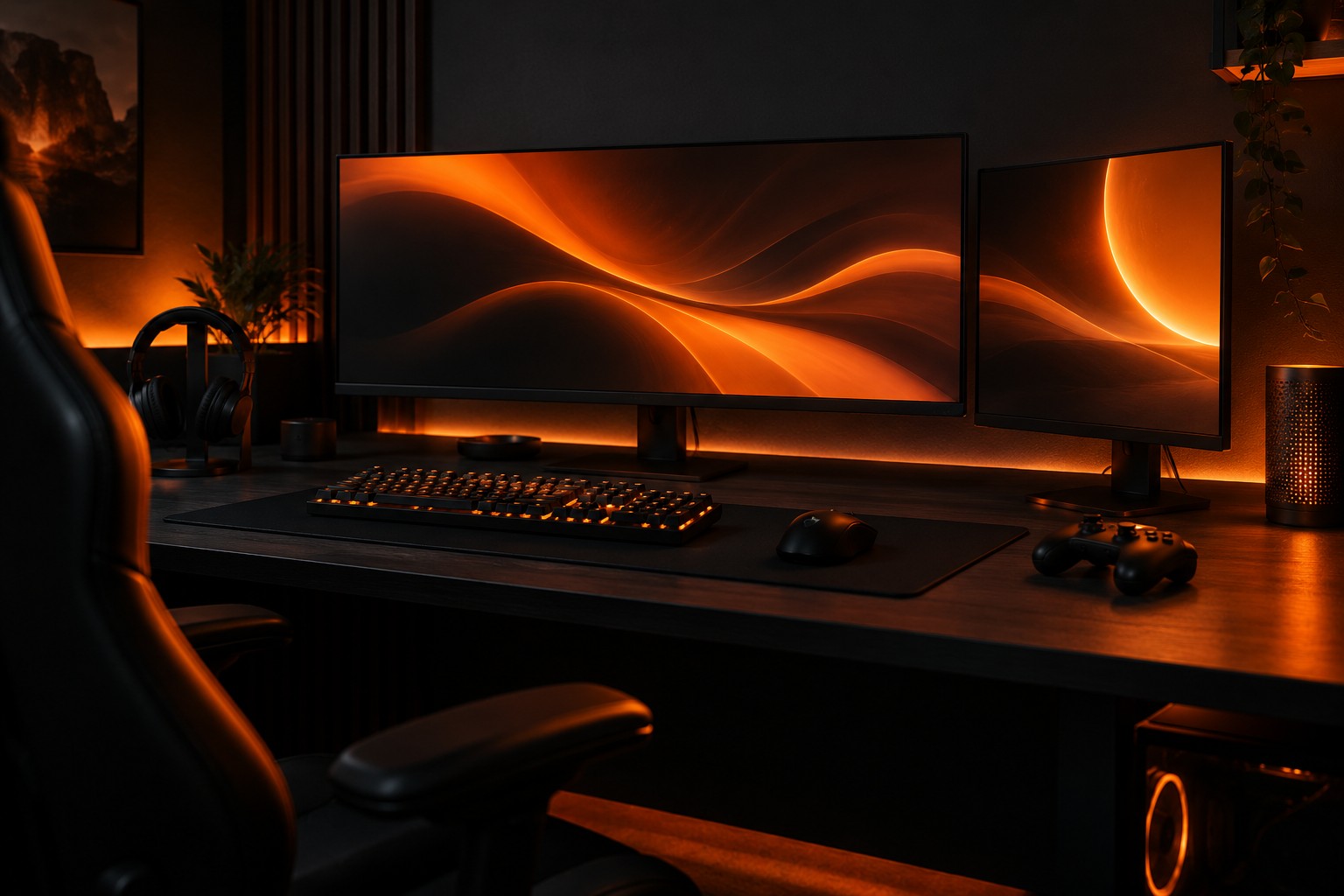 A gaming desk with a keyboard, controller, and orange ambient lighting