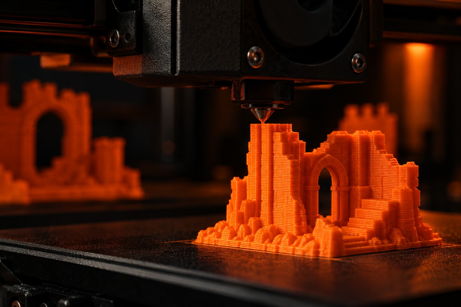 A 3D printer creating orange terrain on its build plate