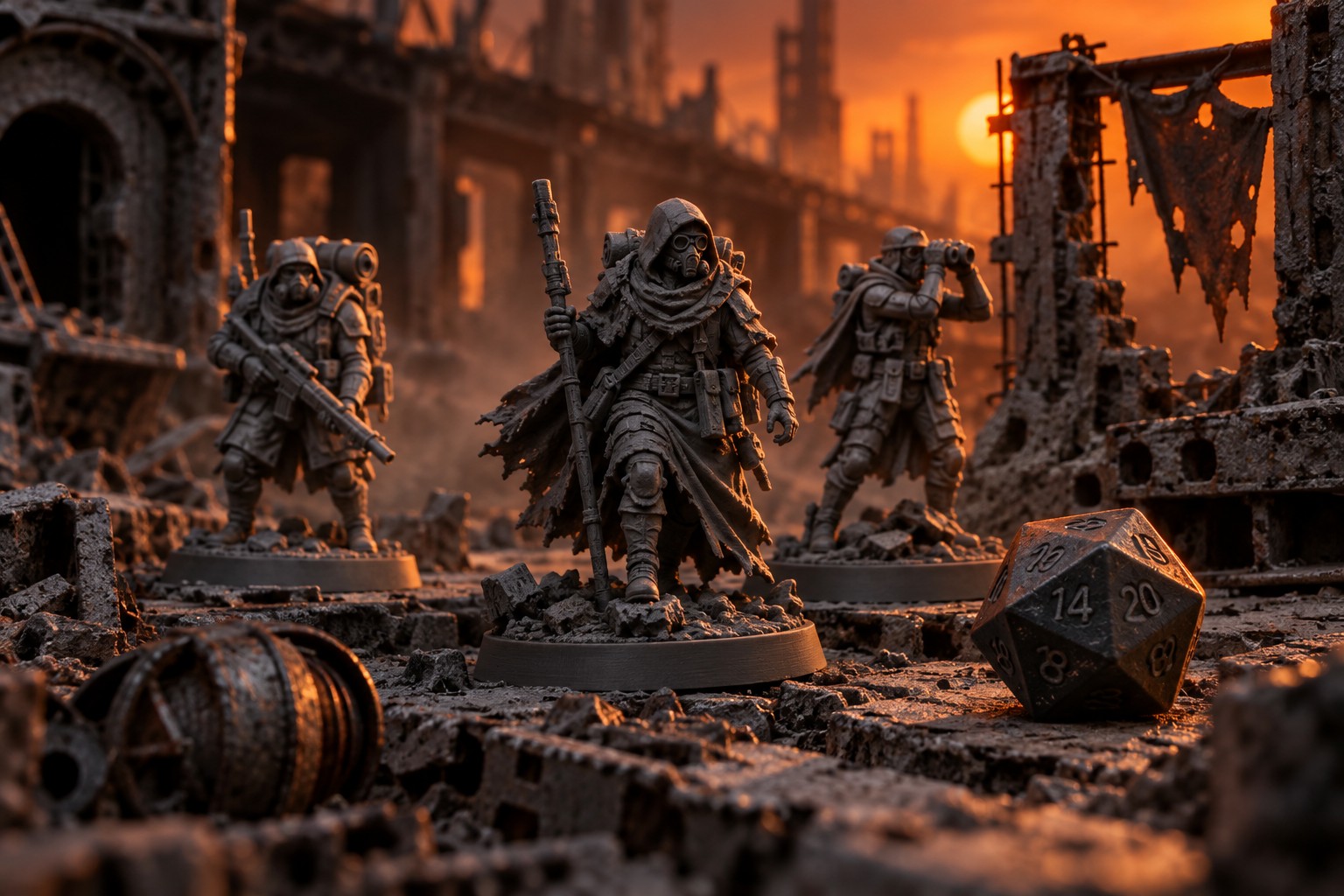 Wasteland explorer miniatures and a twenty-sided die on a detailed terrain board